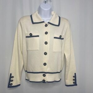 San Remo Petites Laura Knits Cream Navy Trim Button Cardigan Sweater Vintage